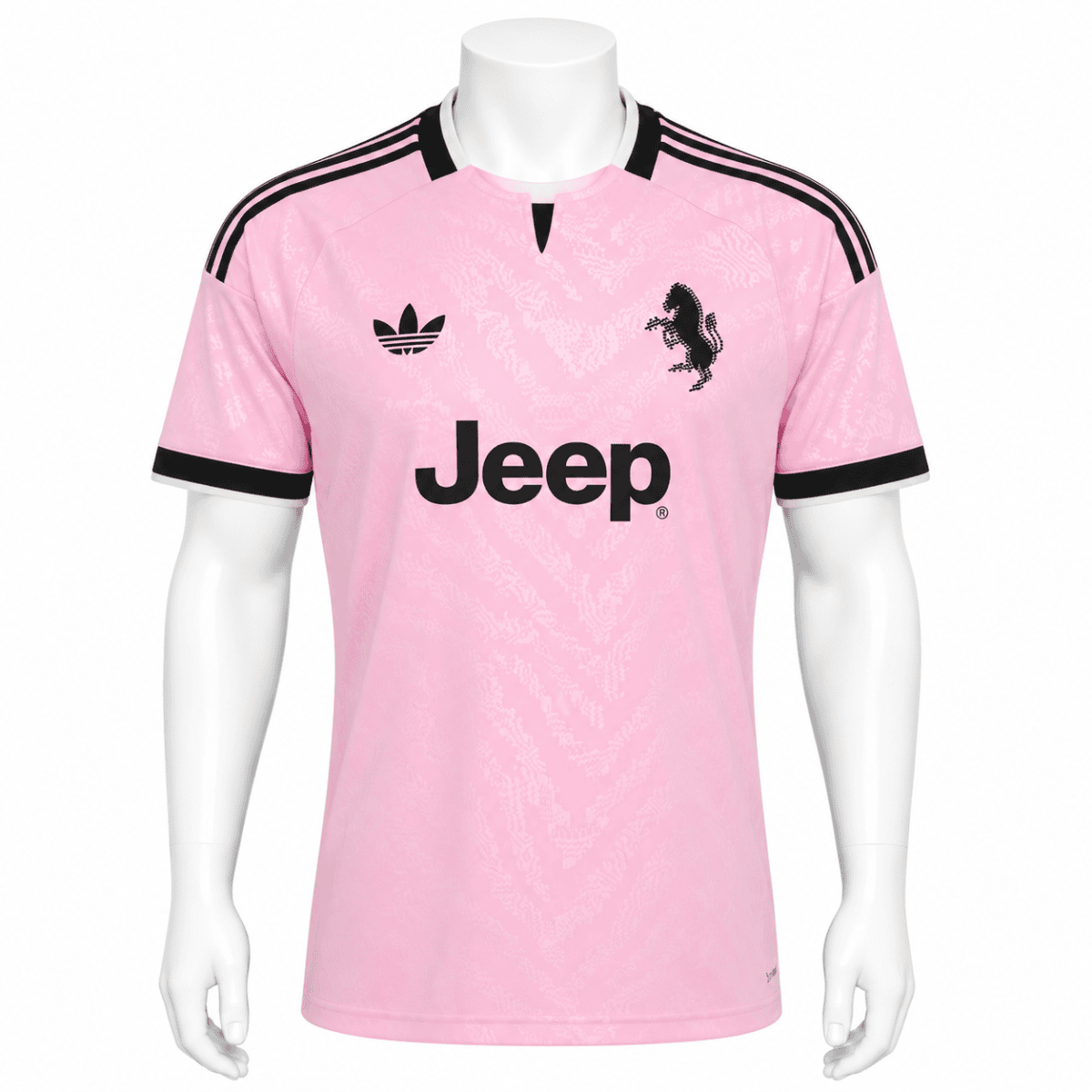 Juventus away goalkeeper jersey 2026/27 pink with black accents and logos.