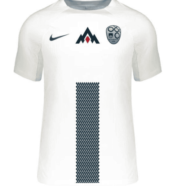 Slovenia home football jersey 2024 with white and navy blue design.