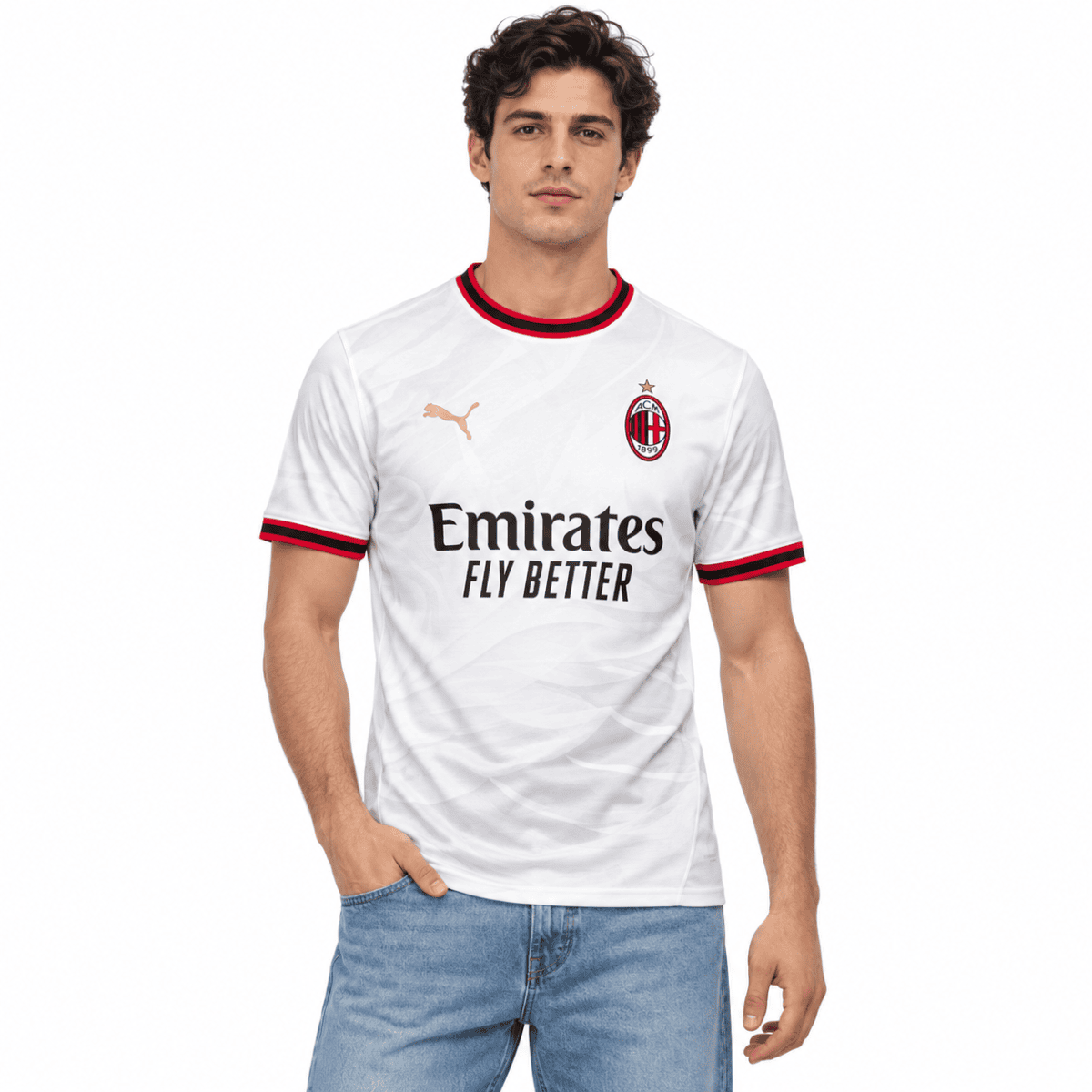 AC Milan away football jersey 26/27 season white with red and black accents.