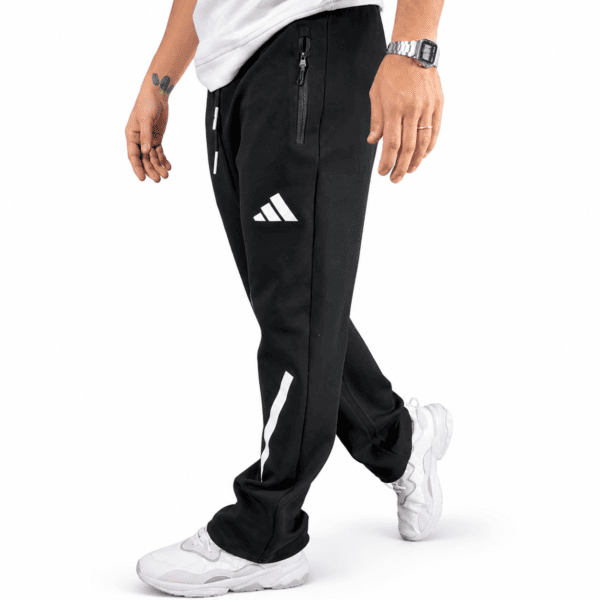 Black Adidas cotton training pants with white logo and side stripe.