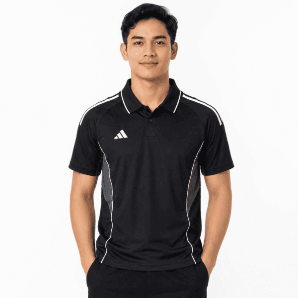 Adidas Black Sports Training Polo - UAE SPORT STORE Man wearing black Adidas sports training polo shirt with white stripes.