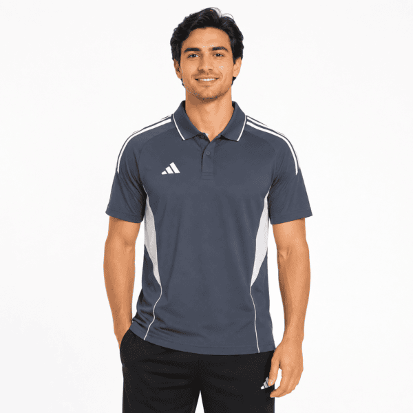 Adidas Grey Sports Training Polo - UAE SPORT STORE Man wearing navy blue Adidas sports polo shirt with white stripes.