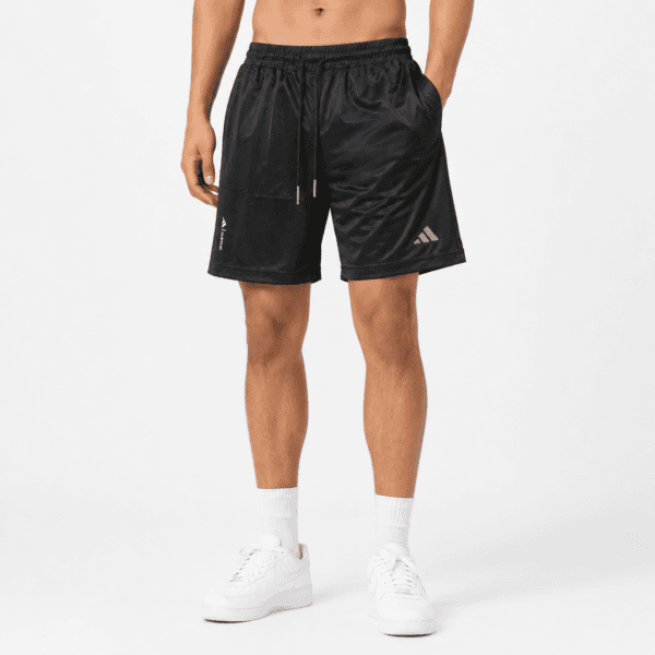 Black Adidas Essential Training Shorts with logo, front view.