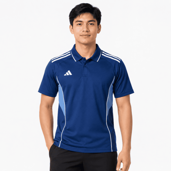 Adidas Navy Sports Training Polo - UAE SPORT STORE Man wearing navy blue Adidas sports training polo shirt with white stripes.