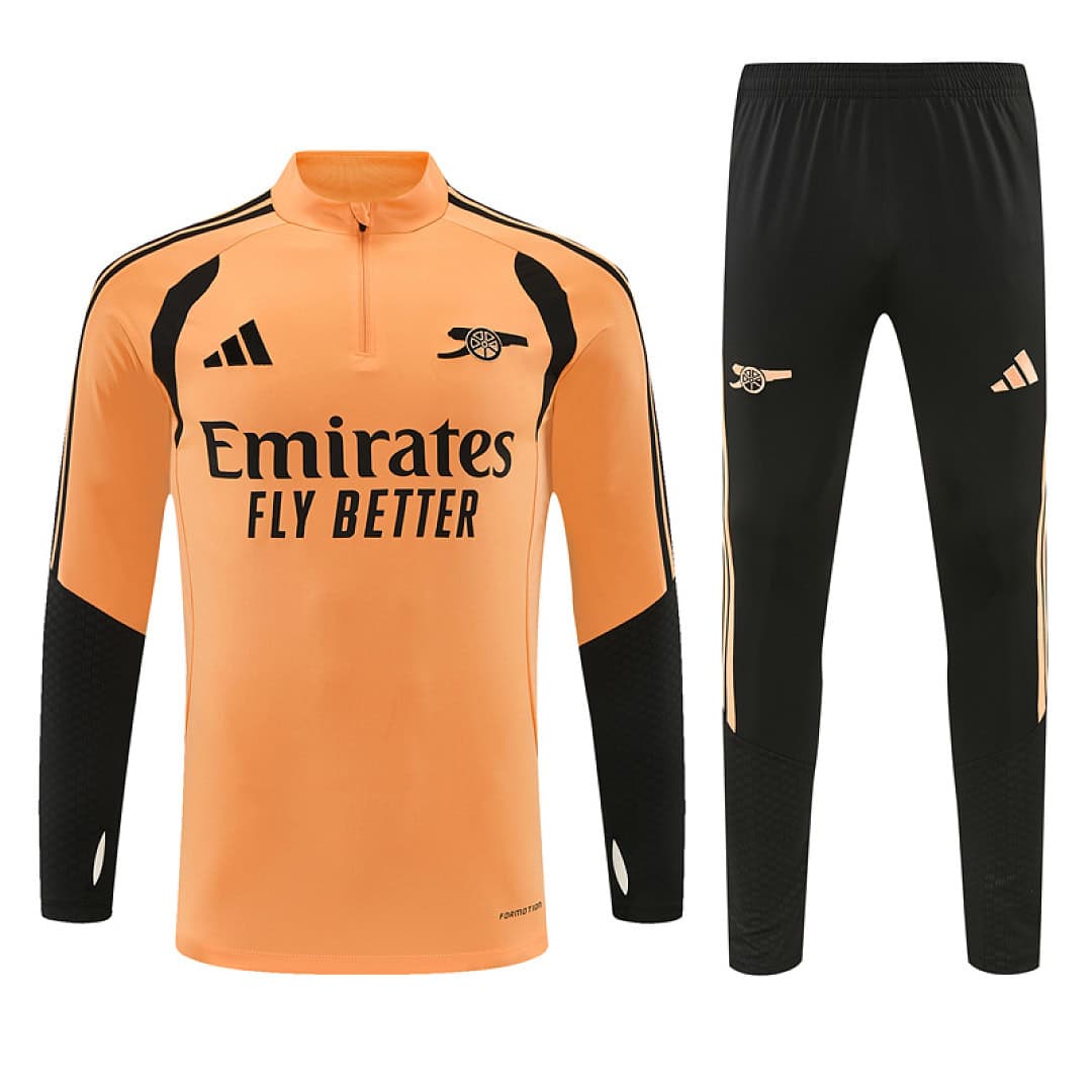 arsenal-orange-training-tracksuit-2027-01 | UAE SPORT STORE Arsenal Orange Training Tracksuit 2027 - quarter-zip top and black track pants - front
