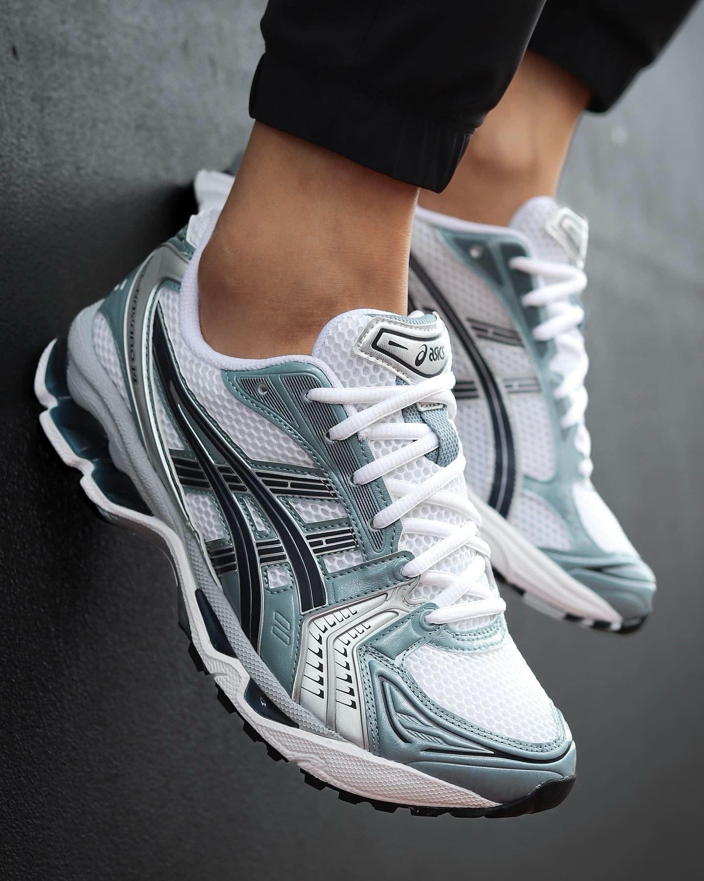 asics-gel-kayano-14-white-blue-on-foot-streetjpg | UAE SPORT STORE ASICS GEL-KAYANO 14 White Blue on foot street style