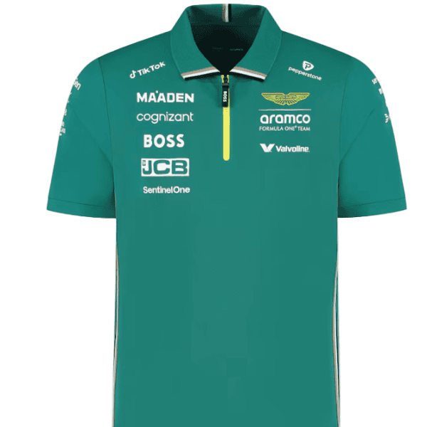 Aston Martin Aramco Cognizant F1 2025 Team Polo in green with sponsor logos.