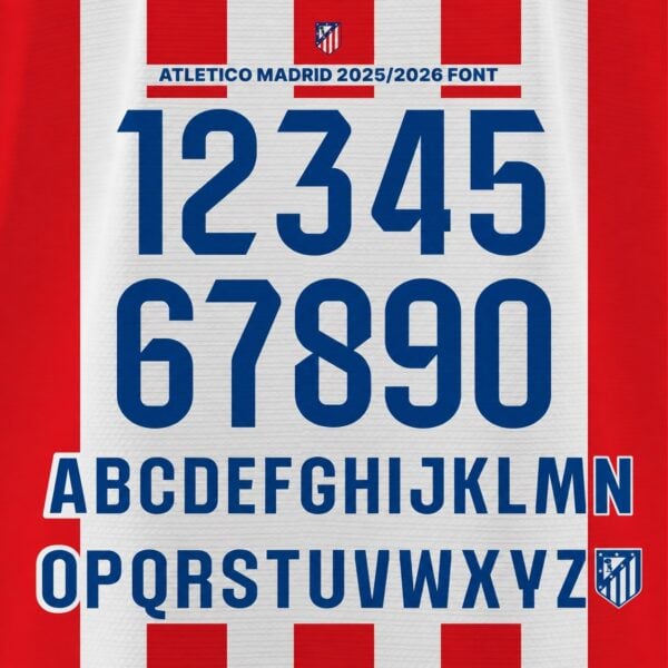 Atletico Madrid 2025/26 Home Font Kit – Numbers & Letters | UAE SPORT STORE Atletico Madrid 2025/26 home font kit - full A-Z letters and 0-9 numbers set
