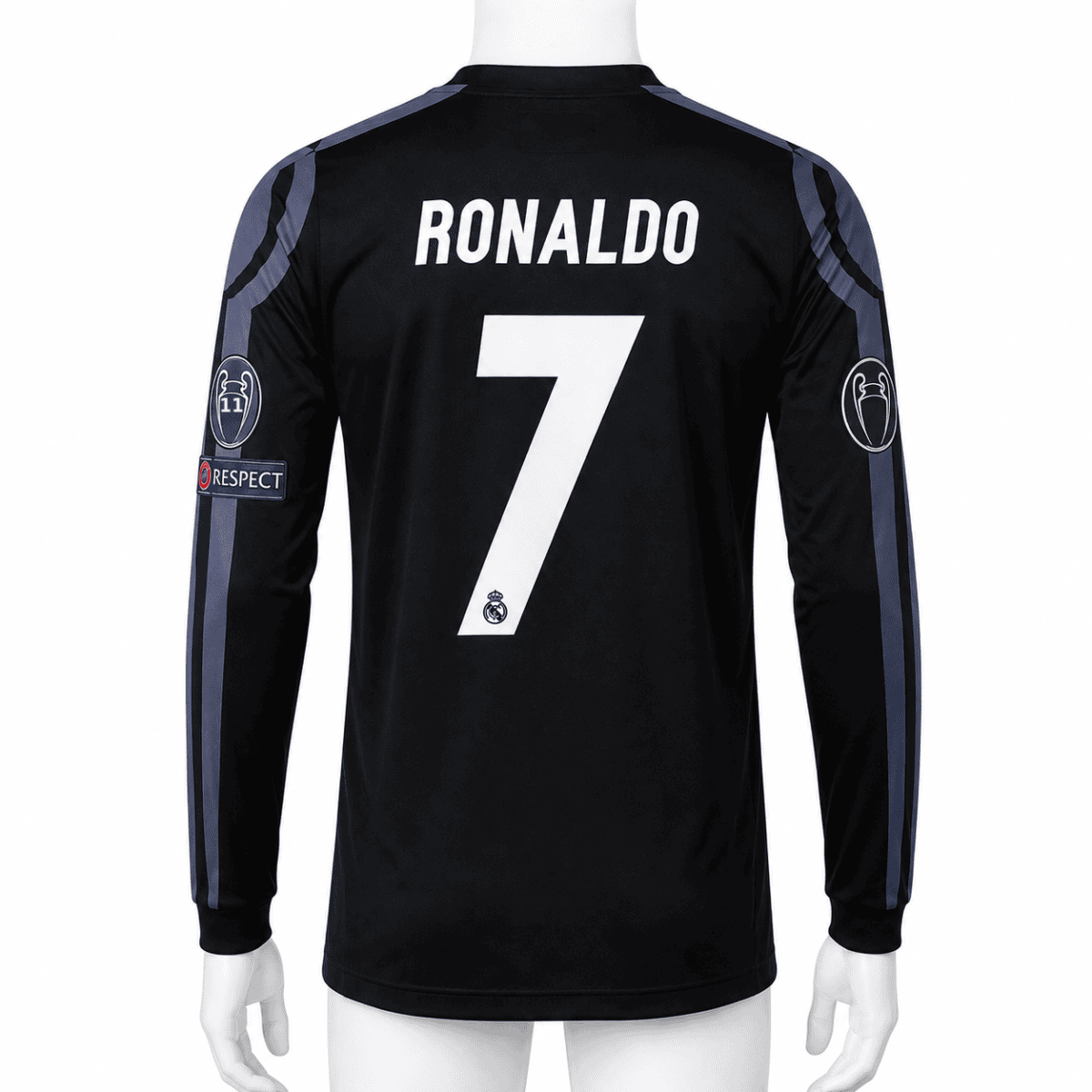 Real Madrid Ronaldo third kit long sleeve jersey with UCL badge, black and gray colors.