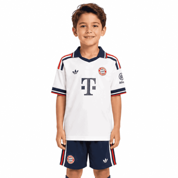 Kids Bayern Munich away kit 2026/2027 jersey and shorts in white and navy.