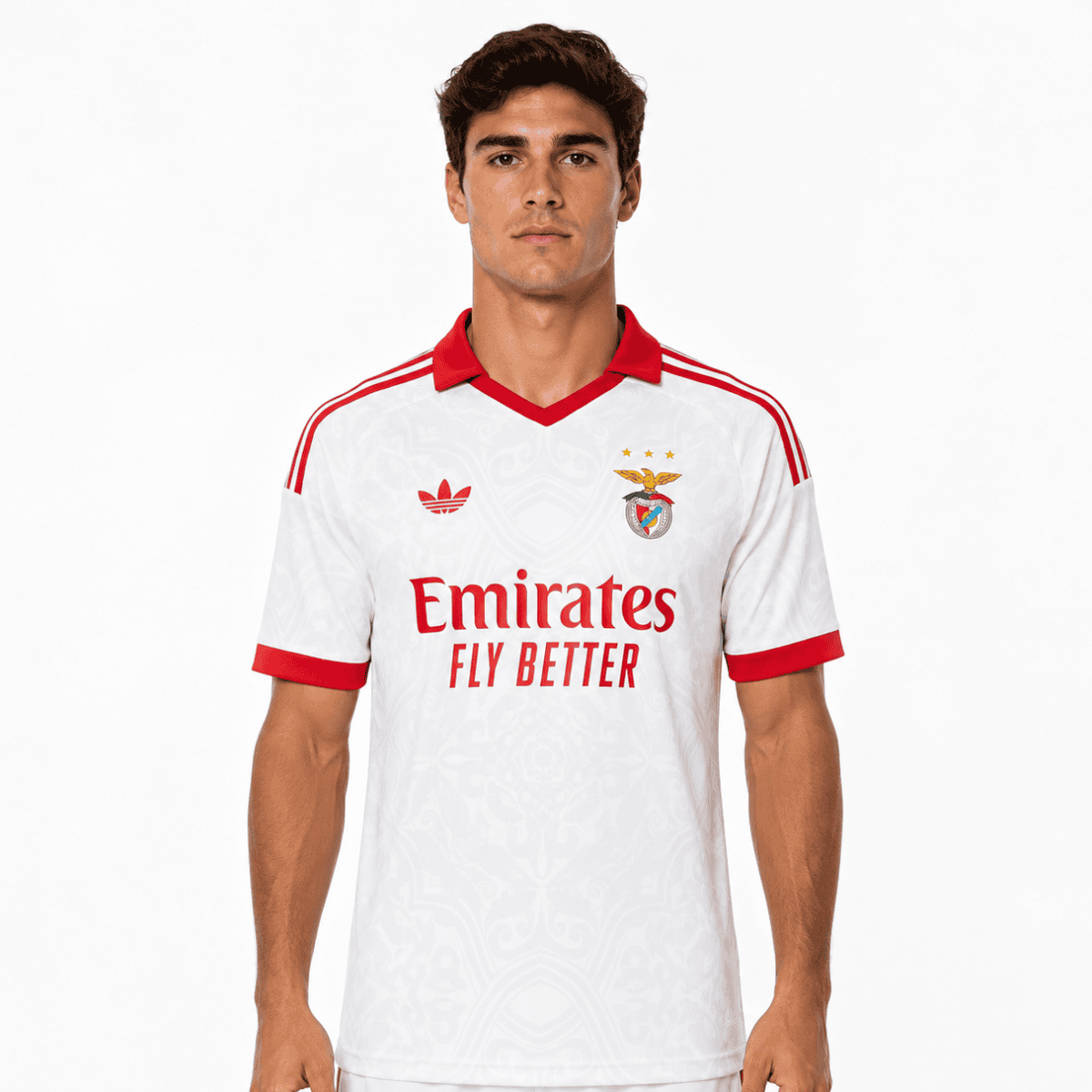 Benfica away jersey 2026/27 with white and red design, player model.