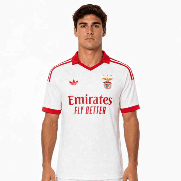 Benfica away jersey 2026/27 with white and red design, player model.