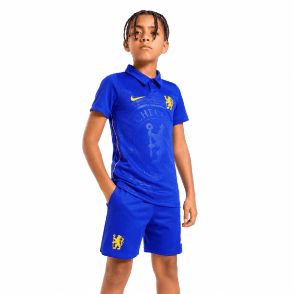 Chelsea Kids home kit 2026/27 blue jersey and shorts with club crest.