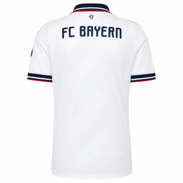 White Bayern Munich away jersey with navy and red accents, FC Bayern text on back.