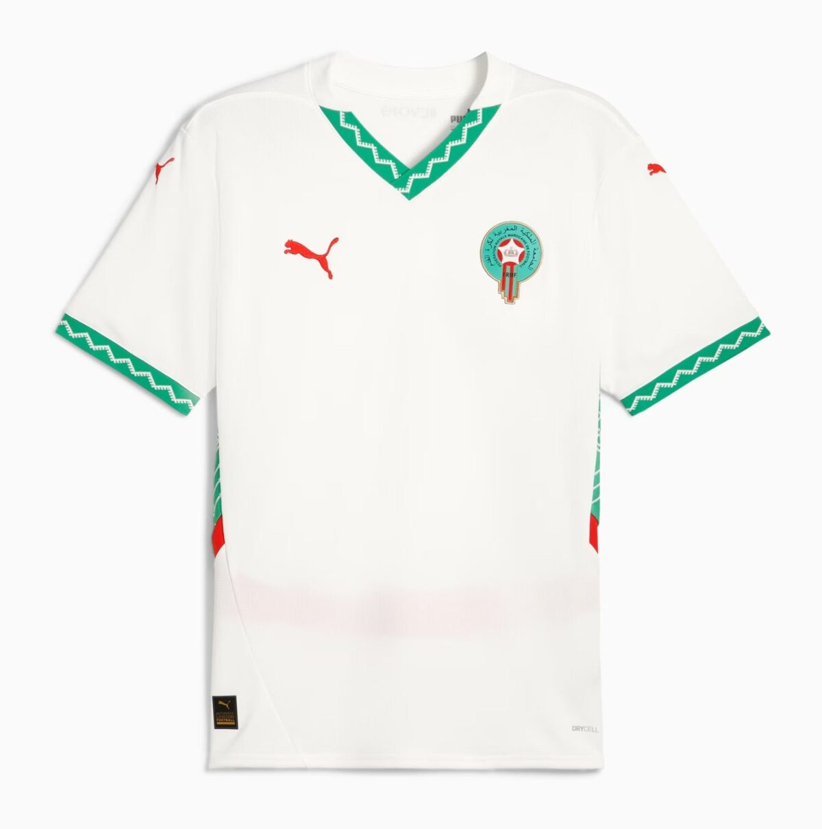 Morocco away football jersey 2025 with green and red accents on white background.