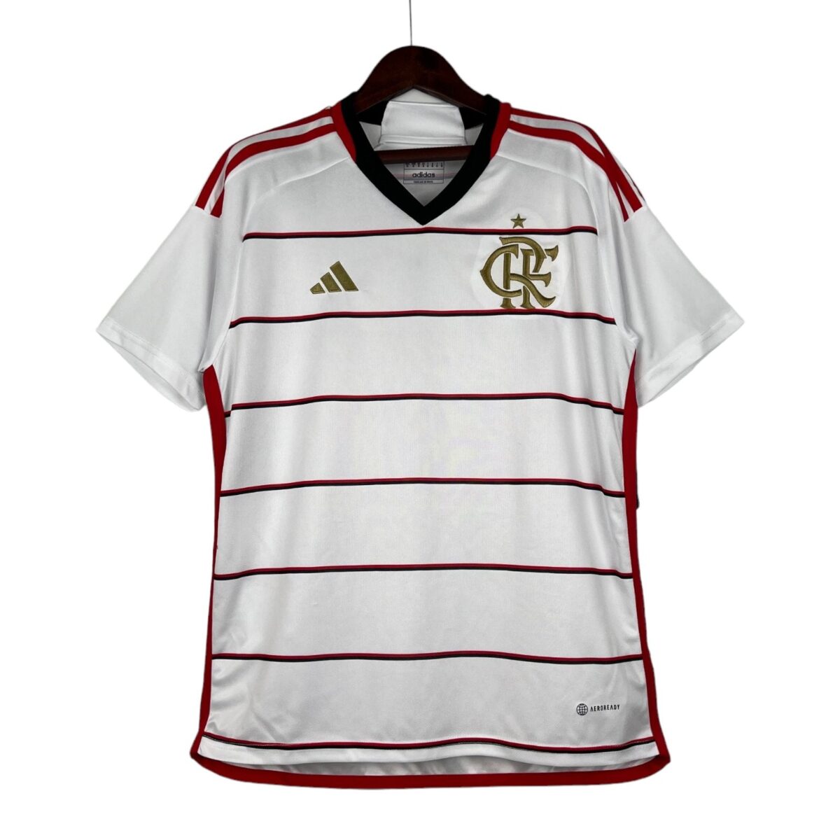 Flamengo football jersey with white base, red and black stripes, and club crest.