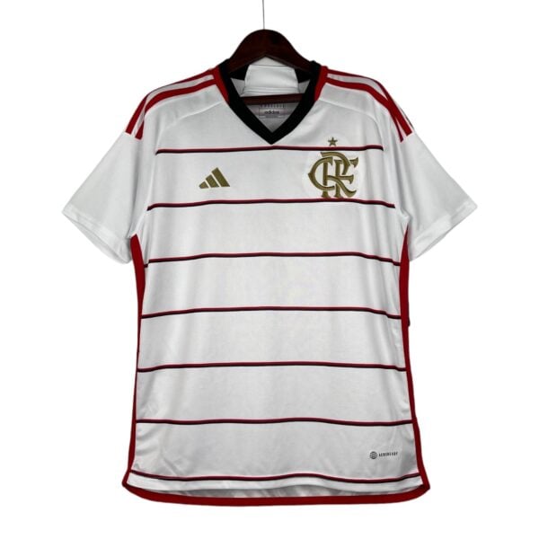 flamengo-away-jersey-202324-676042jpg - UAE SPORT STORE Flamengo football jersey with white base, red and black stripes, and club crest.
