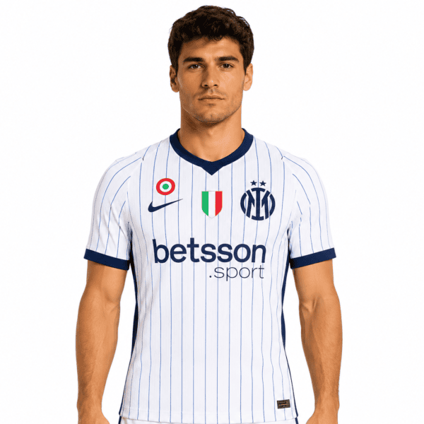Inter Milan away jersey 2026/27 with white and blue stripes, club crest, and sponsor logo.
