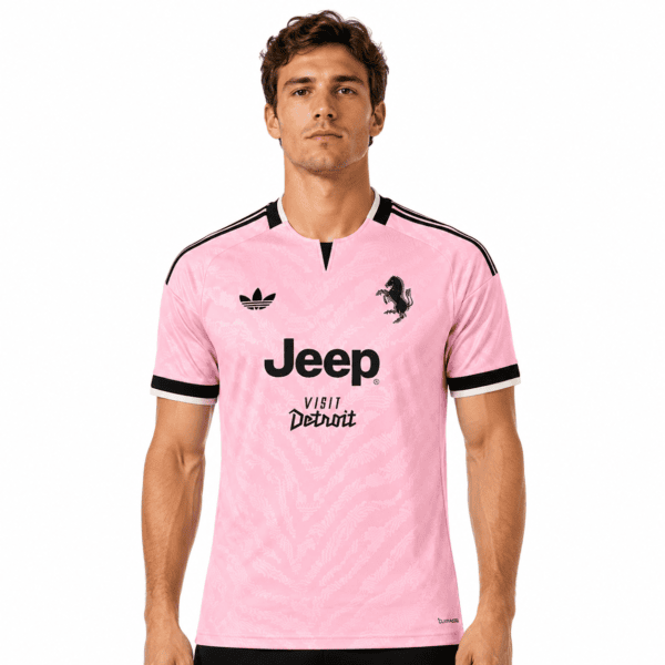 Juventus Away Jersey 202627 - UAE SPORT STORE Juventus away jersey 2026/27 in pink with black accents and sponsor logo.