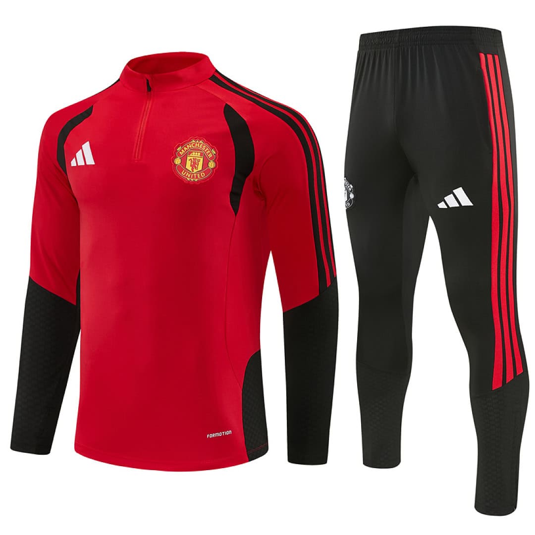 manchester-united-red-training-tracksuit-2027-02 | UAE SPORT STORE Manchester United Red Training Tracksuit 2027 - front view with shoulder stripe pants
