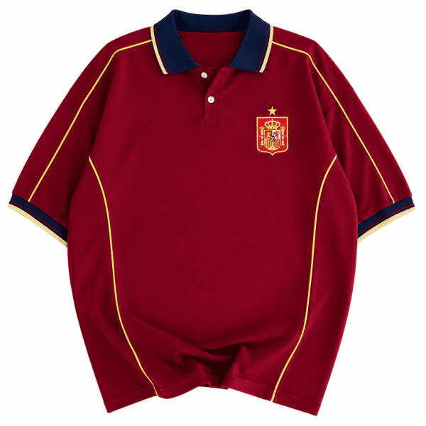 Spain national team football jersey in burgundy with navy collar and yellow accents.