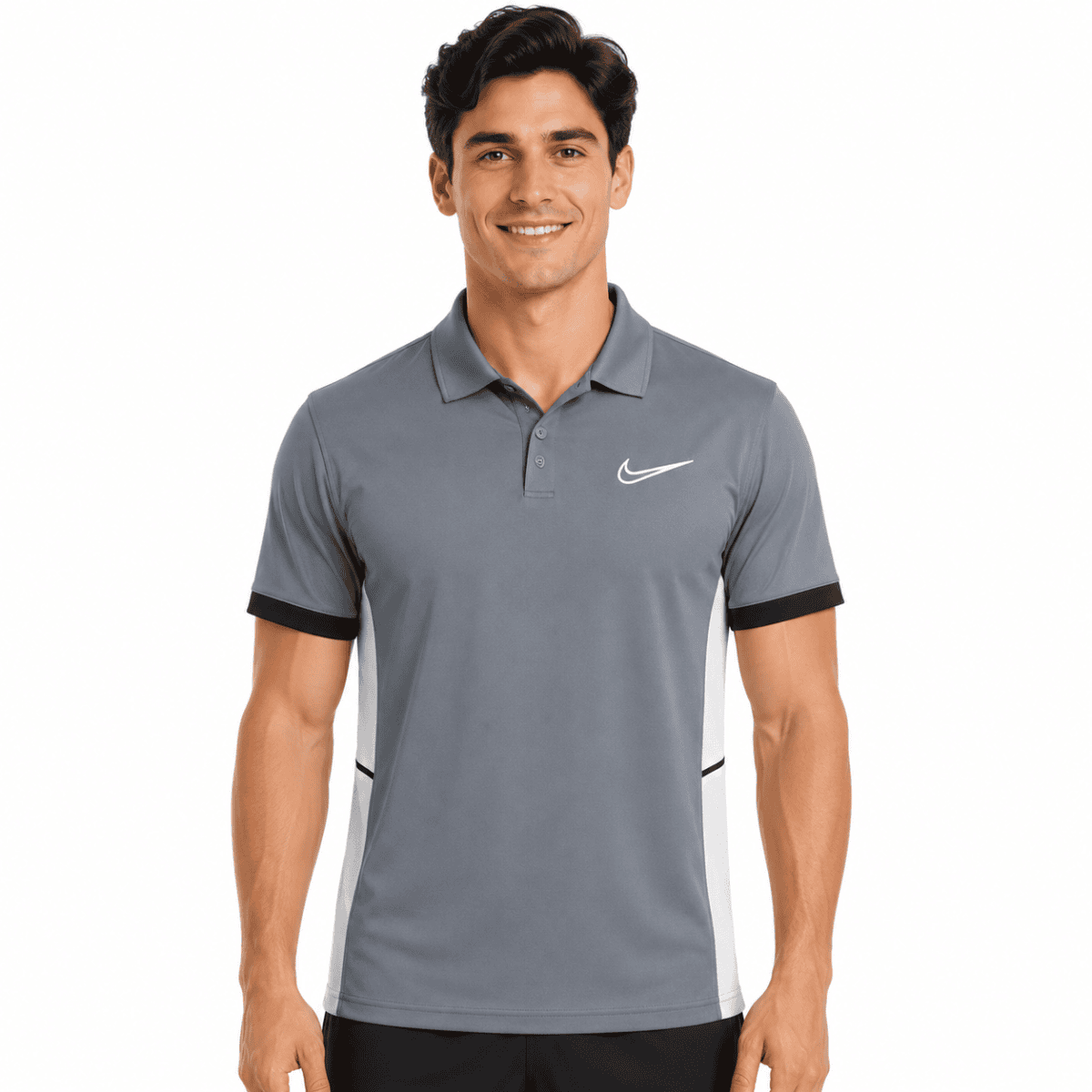 Man wearing Nike grey training polo shirt with black accents.