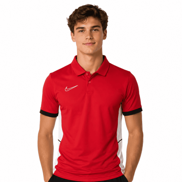 Nike Red Training Polo Shirt - UAE SPORT STORE Young man wearing a red Nike training polo shirt with black and white accents.