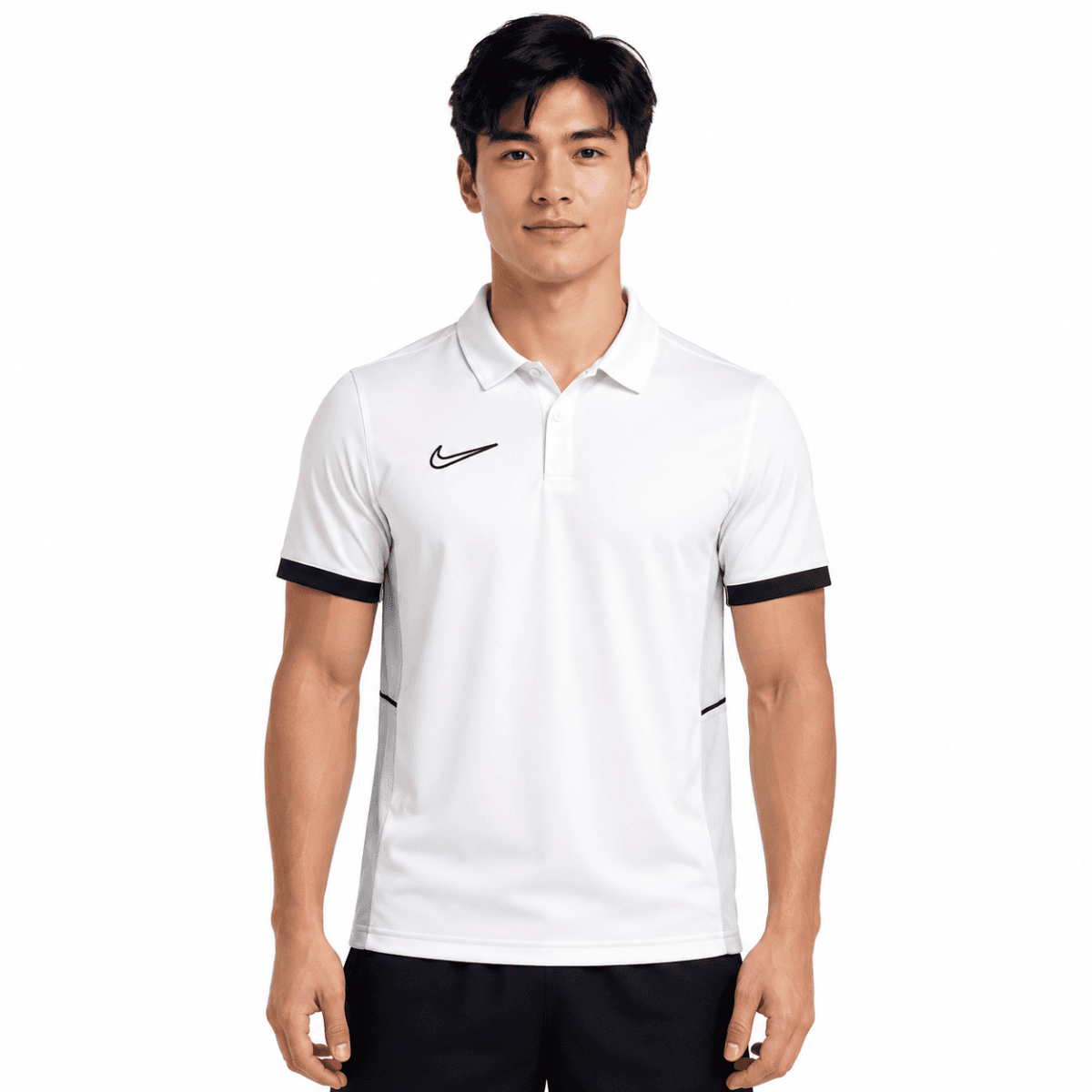 Man wearing a white Nike training polo shirt with black accents.