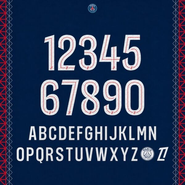 PSG 2025/26 Home Font Kit – Numbers & Letters | UAE SPORT STORE PSG 2025/26 home font kit - full A-Z letters and 0-9 numbers set