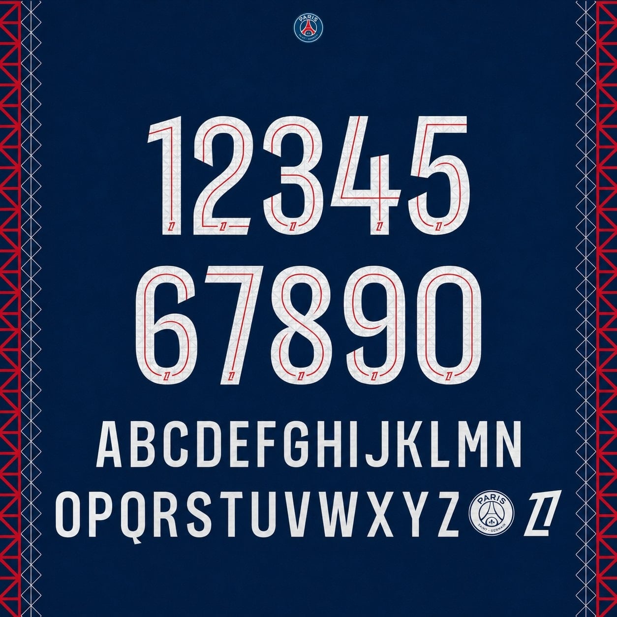 PSG 2025/26 Home Font Kit – Numbers & Letters | UAE SPORT STORE PSG 2025/26 home font kit - full A-Z letters and 0-9 numbers set
