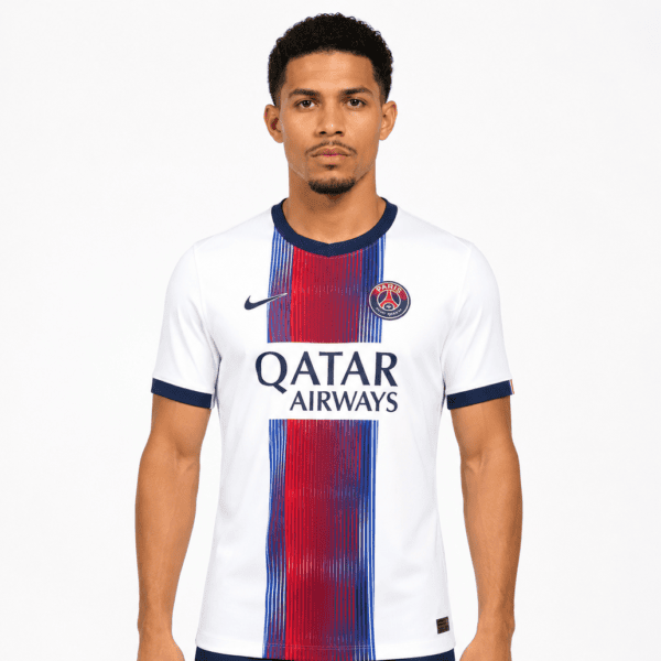 Paris Saint-Germain away jersey 2026/27 with club crest and Qatar Airways sponsor.