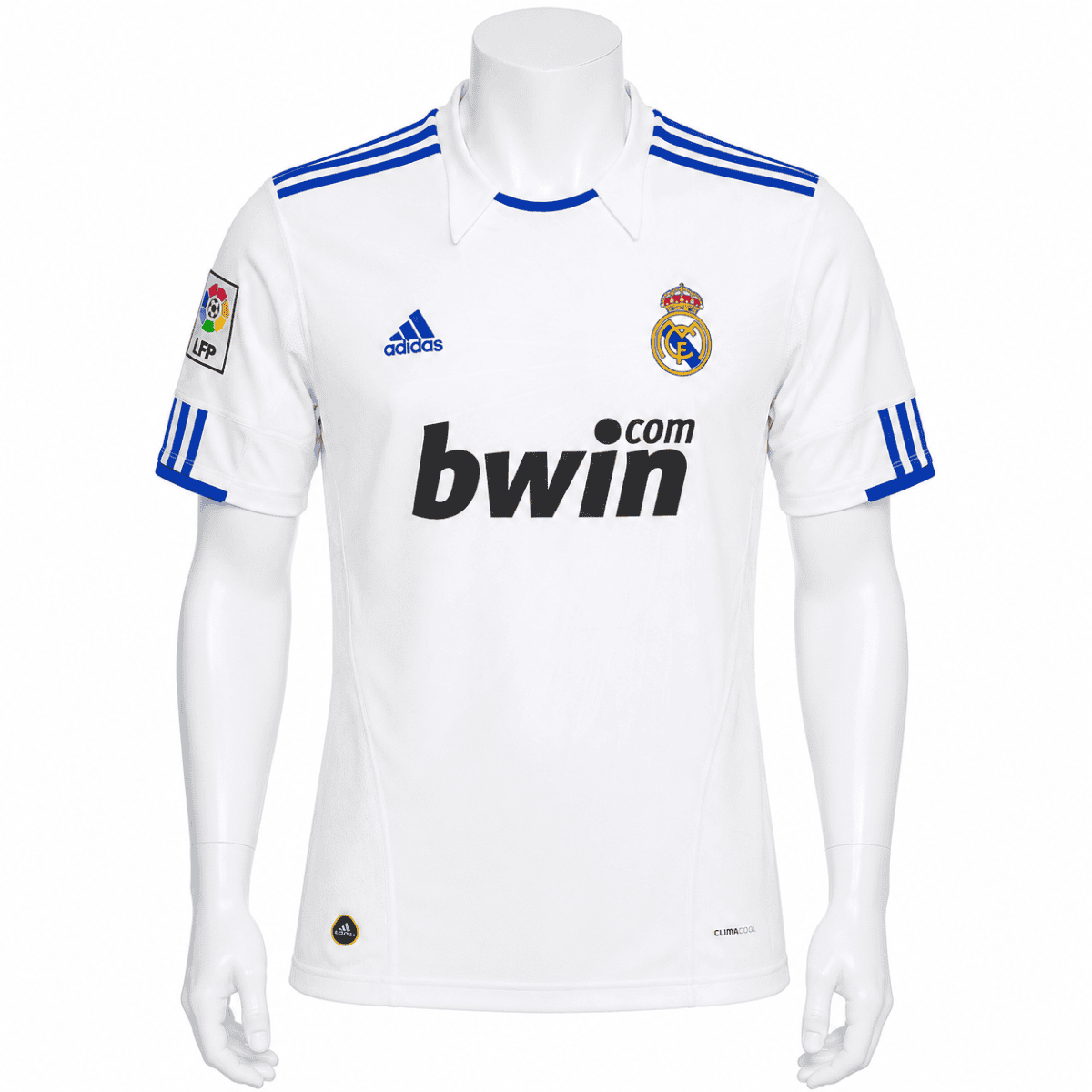 Real Madrid 2010/11 home jersey with blue accents and Ronaldo 7.
