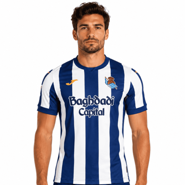 Real Sociedad home football jersey with blue and white vertical stripes, club crest, and sponsor.