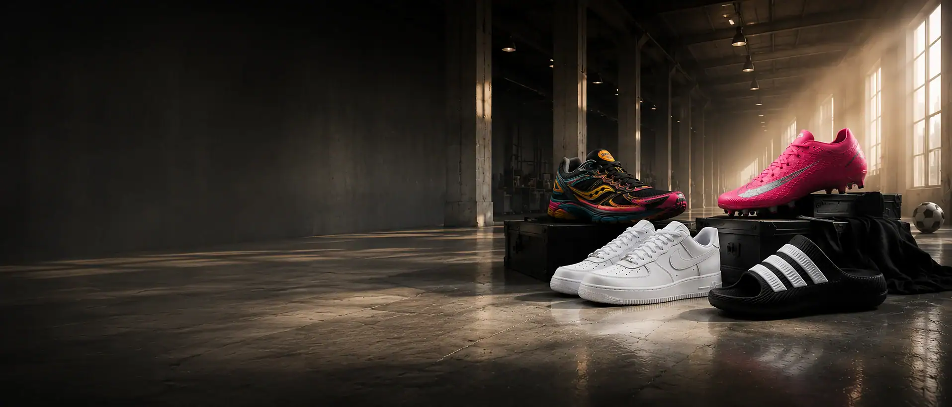 Shoes collection at UAE Sport Store — football boots, sneakers and slides