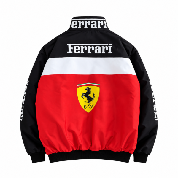 Ferrari team jacket with red, black, and white colors and Ferrari logo.