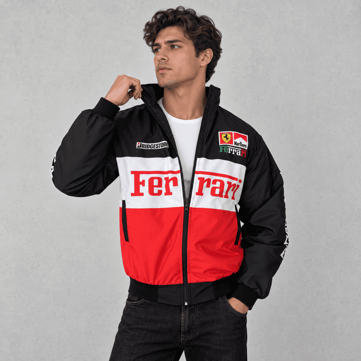 Men's Ferrari racing jacket with black, red, and white colors and sponsor logos.