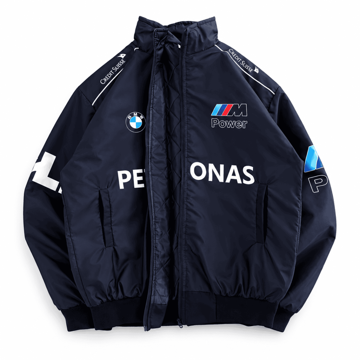 BMW M Power jacket with Petronas logo and BMW emblem in navy blue.