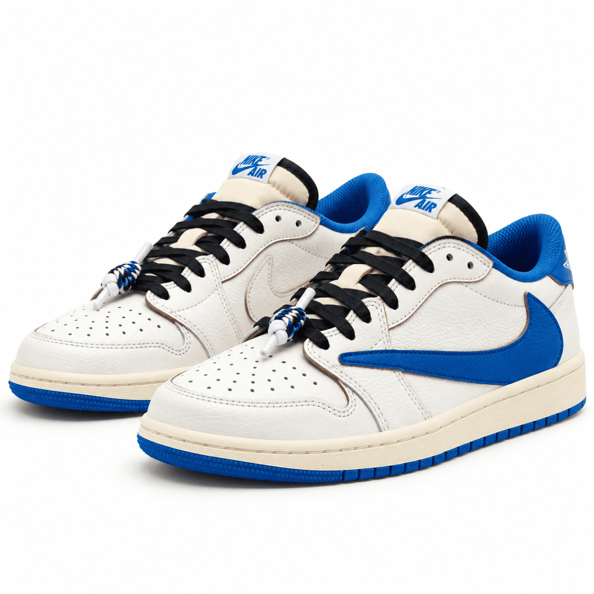White and blue Nike Air sneakers with black laces and blue accents.