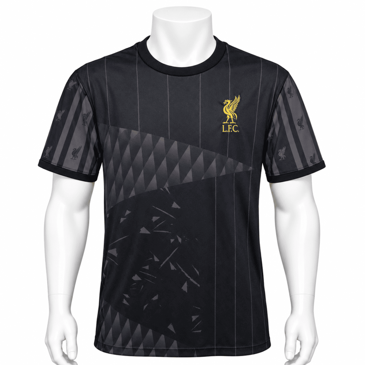Liverpool FC blackout jersey with club crest and black geometric design.