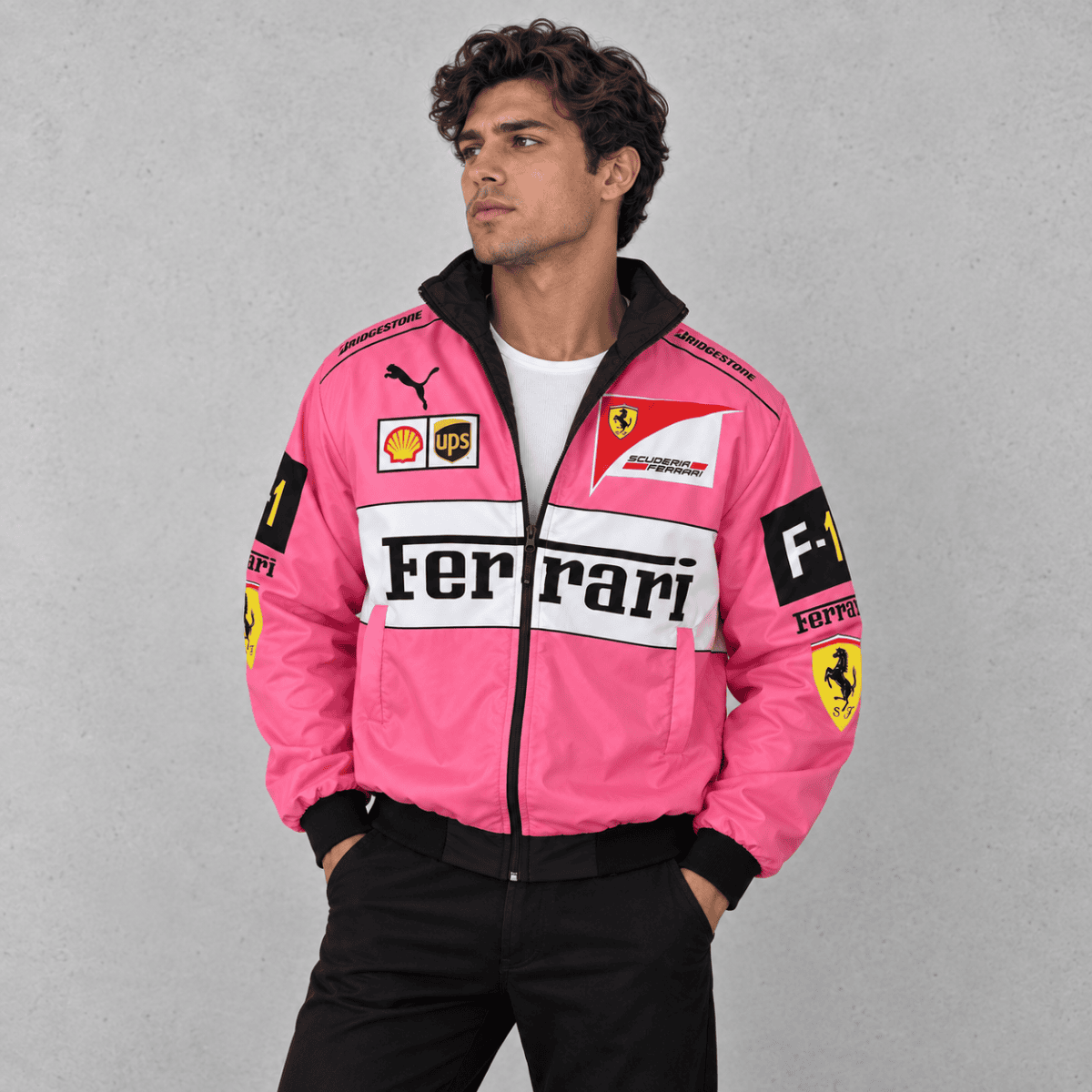 Pink Ferrari Formula 1 team jacket with sponsor logos and Ferrari emblem.