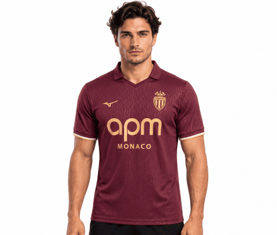 Monaco away football jersey 2026/27 maroon with gold logo and sponsor.