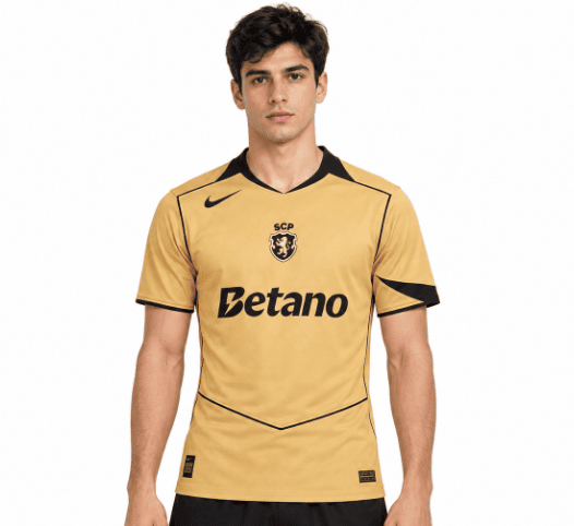 Sporting Lisbon away jersey 2026/27 in gold with black accents and logo.