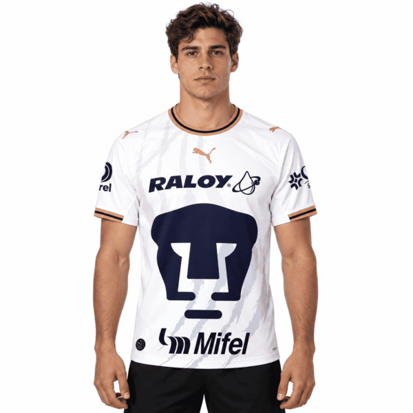 Pumas UNAM away football jersey with white and navy colors, season 2026/27.