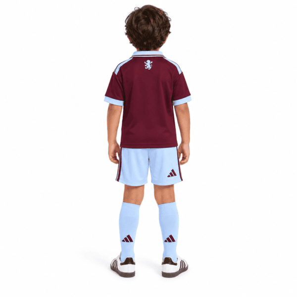 Kids Aston Villa home kit 2026/27 with claret shirt and light blue shorts and socks.