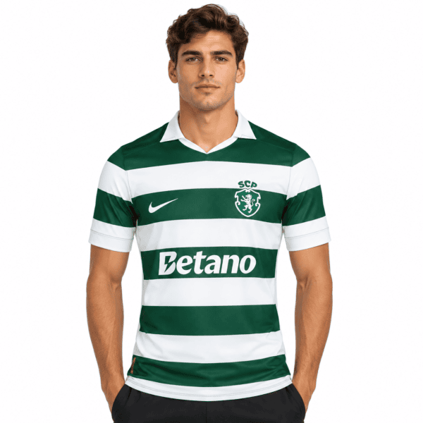 1 - UAE SPORT STORE Sporting Lisbon home jersey 2026/27 with green and white horizontal stripes.