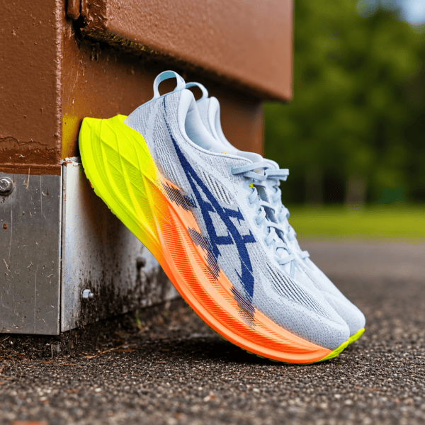 11 - UAE SPORT STORE ASICS Superblast 2 Paris running shoes with white, blue, yellow, and orange colors.