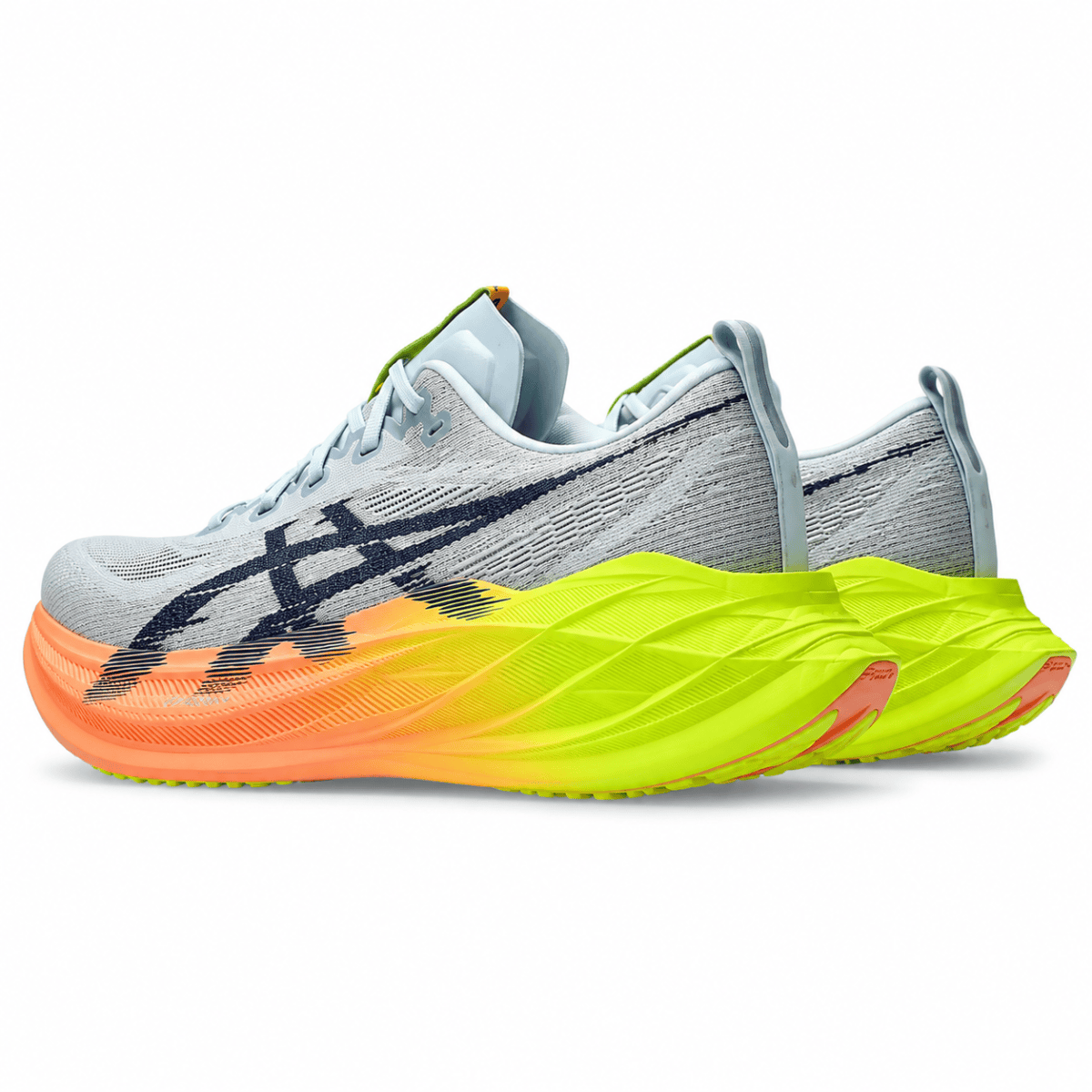 ASICS Superblast 2 Paris running shoes with white, yellow, and orange colors.