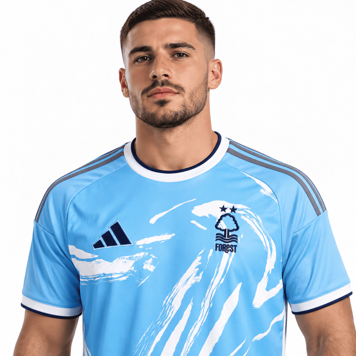 Nottingham Forest third jersey 2026/27, light blue with white and dark blue accents.
