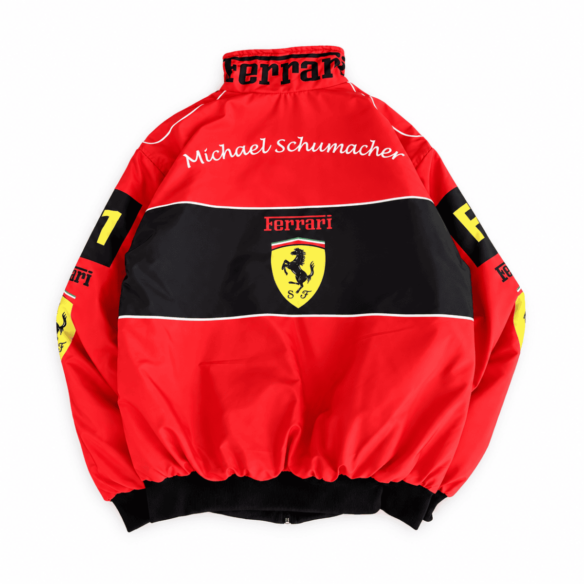 Ferrari racing jacket with red, black, yellow colors and Michael Schumacher signature.