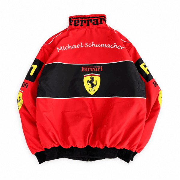 Ferrari racing jacket with red, black, yellow colors and Michael Schumacher signature.